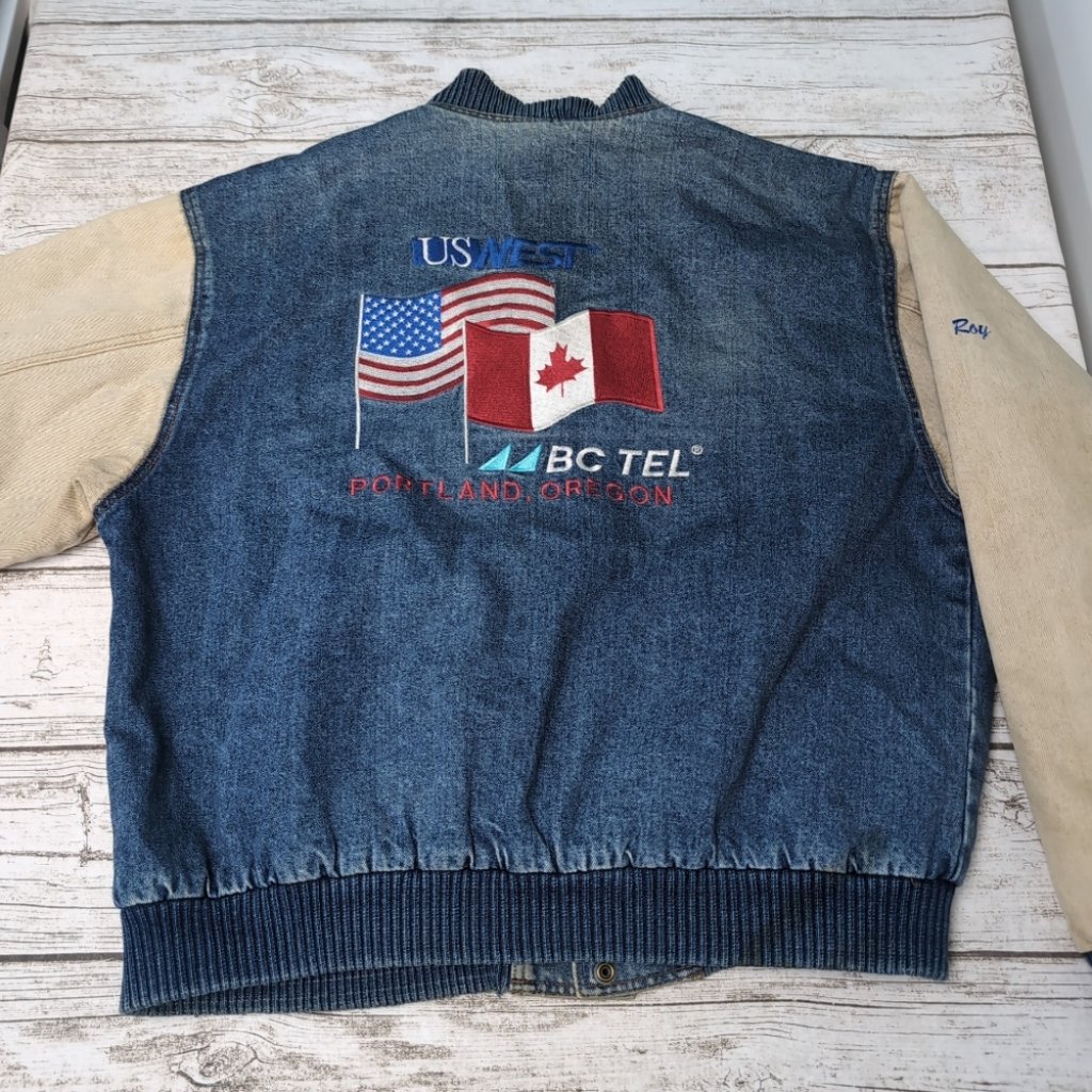 Vintage Denim Varsity Jacket Embroidered Canada Flag American Flag Size Xl